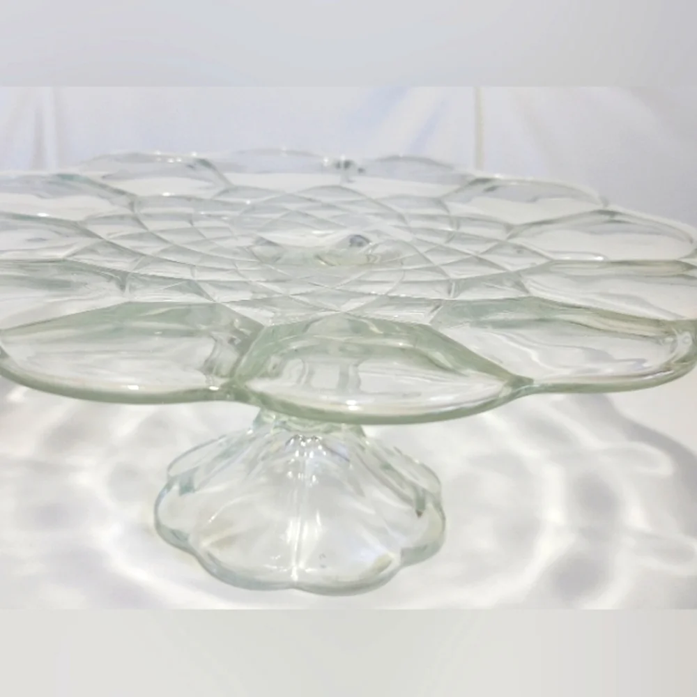 Vintage Pedestal Cake Stand L E Smith Dominion Clear Glass Scalloped Edge Design